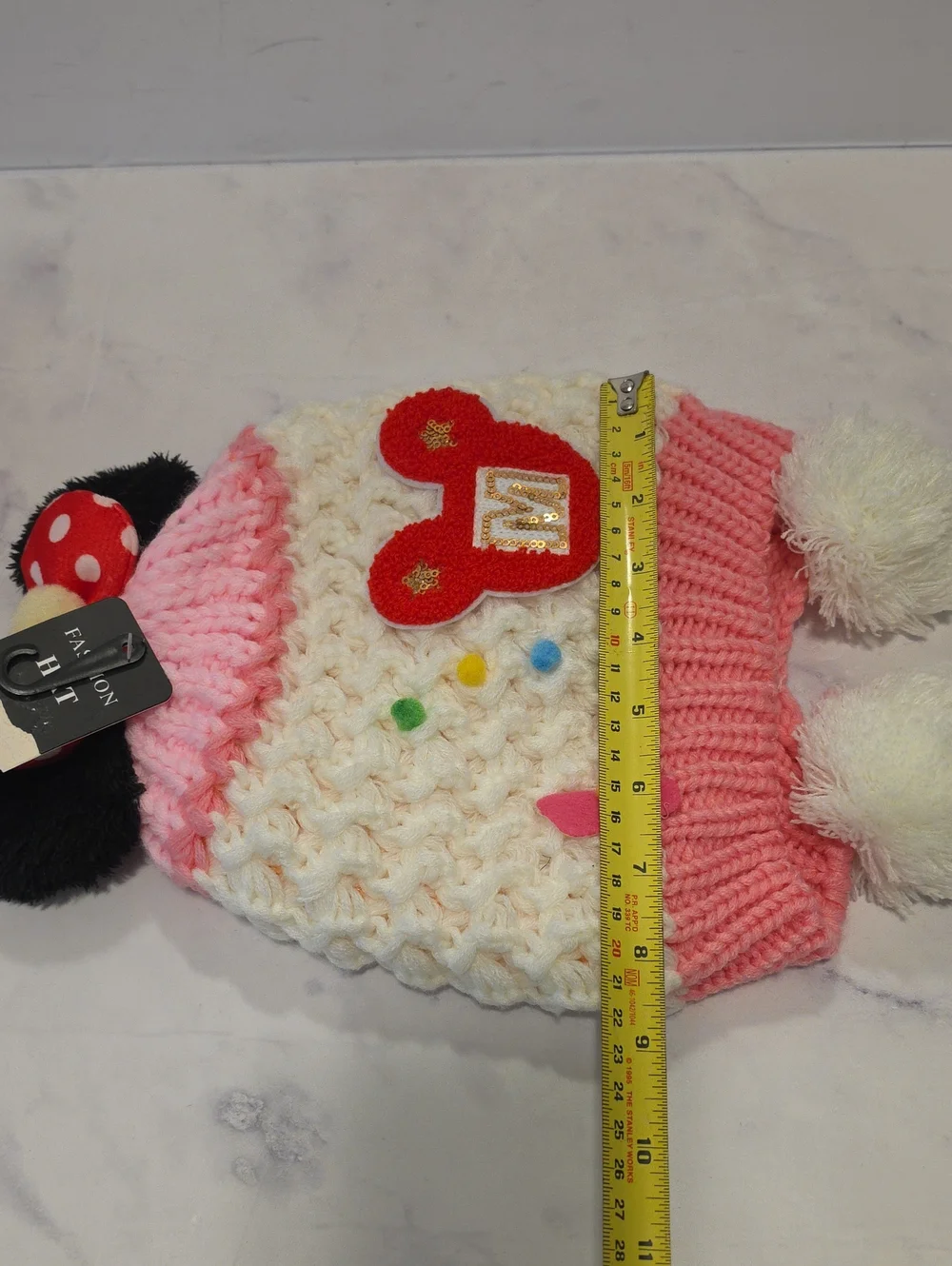 Isabella Kids Pink and White Knit Beanie with Red Mickey Patch Brand New